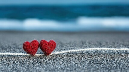 Wall Mural -   A pair of red hearts lay atop a sandy beach beside the vast ocean and clear blue sky