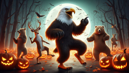 Poster - Halloween Forest Party with Dancing Animals - A fun and festive Halloween scene with a dancing eagle, bear, deer, and pumpkins. It's a great illustration for Halloween celebrations.