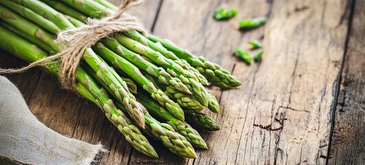 Wall Mural - Bouquet of fresh asparagus on a wooden table. 