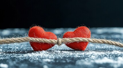 Wall Mural -   A pair of red hearts resting on a rope over snow-covered ground beside another rope