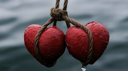 Wall Mural -   Two red hearts dangling from a rope above a tranquil body of water with a lone droplet