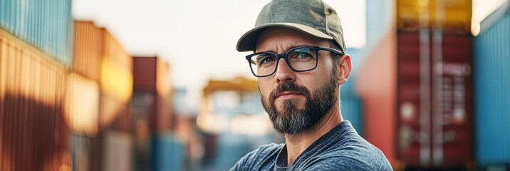 Poster - A man wearing a hat and glasses stands in front of a large container