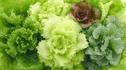 Wall Mural -   Close-up photo of fresh lettuce leaves with droplets of water on top