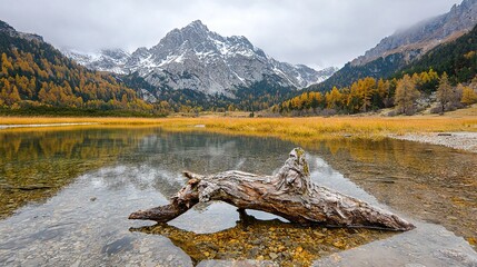 Wall Mural -  A fallen tree rests atop a lake's surface, with a picturesque mountain range framed by fresh snowfall