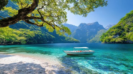 Wall Mural -   Boat drifts above tranquil lake, surrounded by dense green trees and towering mountain peaks in the distance