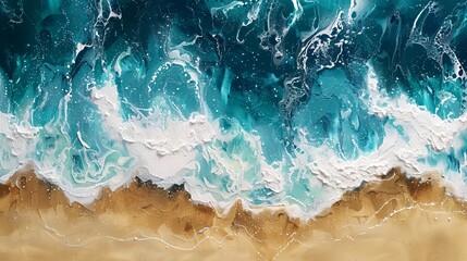 A vibrant abstract representation of ocean waves meeting the sandy shore.