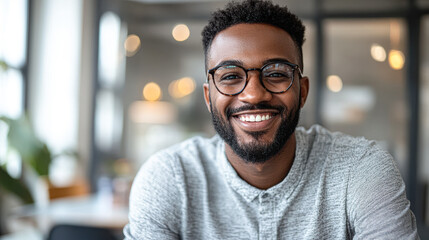 Wall Mural - A man with glasses is smiling and looking at the camera