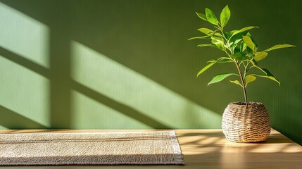 Wall Mural -   A miniature plant resting atop a wooden dresser beside a woven rug