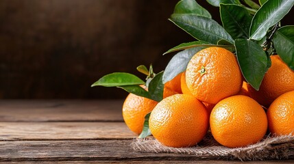 Wall Mural -   A stack of oranges atop a wooden table alongside a lush green plant