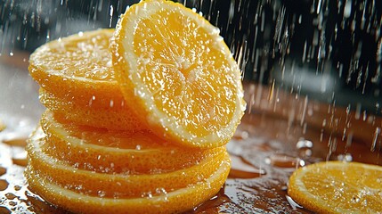 Canvas Print -   A stack of orange slices on a wooden table, positioned beneath a rain-drenched window with falling water droplets