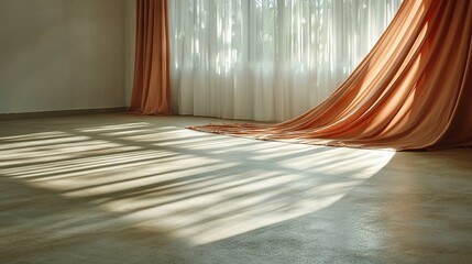   A room with two windows, both curtained, and the sun shining through the curtains