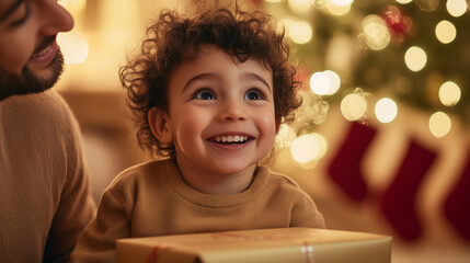 Smiling young child excitedly opening a Christmas gift near a decorated tree, with warm holiday lights in the background