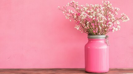 Wall Mural -   Pink mason jar filled w/ baby's breath flowers on wooden table Pink backdrop