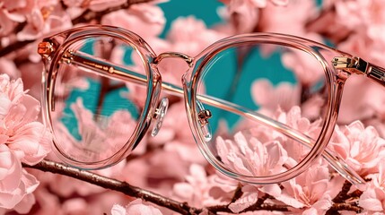   A close-up shot of glasses on a cherry tree with pink blossoms surrounding them