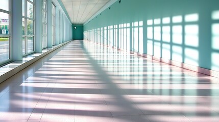 Wall Mural -   A long corridor featuring numerous windows and a clock mounted centrally on the wall