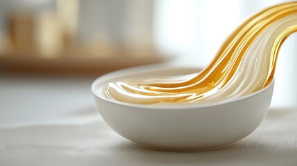 Poster -   A white bowl holding liquid rests atop a white tablecloth, near a white vase pouring yellow liquid