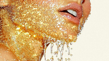   A woman with water bubbling from her face in close-up