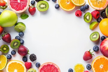 A colorful arrangement of various fresh fruits in a circular shape, suitable for use as a graphic element or in food-related contexts