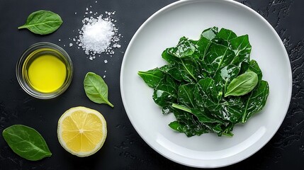 Wall Mural -   A white plate with green vegetables, salt, and lemon juice