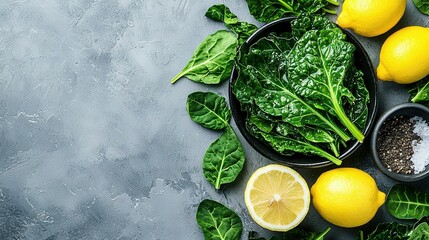   A bowl of spinach, lemons, and sea salt is on the table next to two lemons