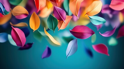 Wall Mural -   A cluster of vibrant paper flowers float mid-air against a blue backdrop, with a hazy background