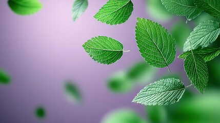 Wall Mural -   Green leaves float in a purple sky with blurred foreground leaves