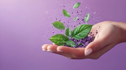 Wall Mural -  A woman's hand with green leaves sprinkles on a purple background