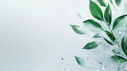 Wall Mural -  A high-resolution close-up of a lush green plant with droplets of water cascading from the tips of its leaves, set against a crisp white background