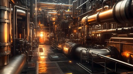 Depiction of an industrial plant with numerous pipes and machinery, showcasing the advanced technology used in oil production