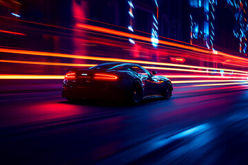 Wall Mural - A sleek sports car zooming down the road at night, leaving behind streaks of light in its wake.