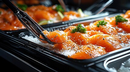 Wall Mural -   A close-up of a tray filled with various foods, including broccoli, accompanied by utensils