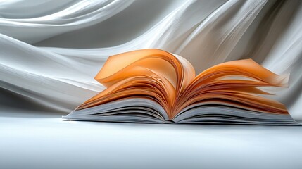   An open book sits on top of a table adjacent to a sheet of white fabric on the same table