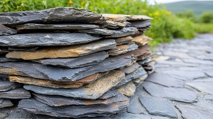 Wall Mural -   A lush green grass-covered hillside sits beside a cobblestone road, with a pile of rocks atop it