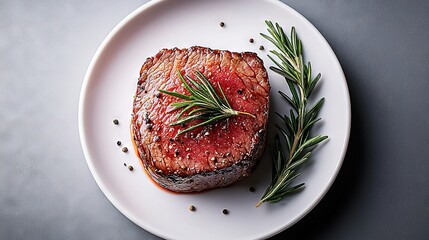 Wall Mural -   A juicy steak topped with fragrant rosemary on a pristine white plate, resting peacefully on a rustic wooden table