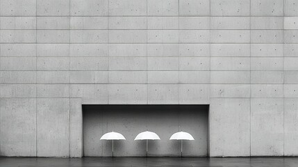 Wall Mural -  Three white umbrellas in middle of room with concrete wall, doorway