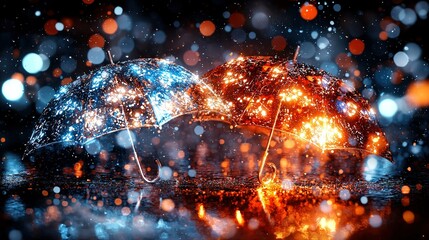   A couple of umbrellas sit atop a pool of water against a dark backdrop, illuminated by red and blue lights