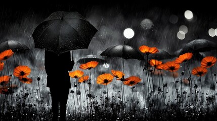 Wall Mural -   A monochrome image of a person with an umbrella amidst orange flowers during rainfall