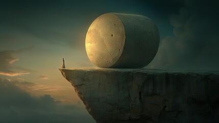 Wall Mural - a person on a cliff's edge gazing at a gigantic ball suspended in the sky