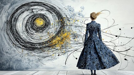 Wall Mural -   A woman in a blue dress stands in front of a wall featuring a spiral painting design