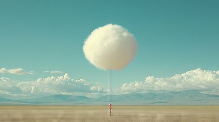 Wall Mural -   A person in a desert, under a large white cloud and surrounded by mountains