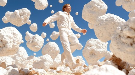 Wall Mural -   A man in a white suit stands amidst white rocks under a blue sky