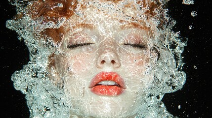 Wall Mural -   A close-up of a person submerged in water with closed eyes and a prominent red lip visible above the surface