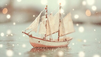 Wall Mural -   A snowflake-topped sailboat bobbing in water