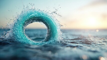   A close-up wave in an ocean, with a bright sun and a blurred sky behind it