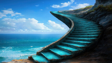 Wall Mural -   A painting depicts stairs ascending towards a cliff, overlooking a water body below The background features a prominent cliff