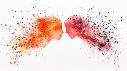 Wall Mural -   Watercolor painting of two people's faces with red and orange splatters