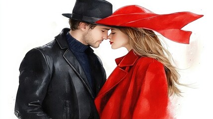 Wall Mural -   A Watercolor Painting of a Man & Woman in Black, Red Coat and Hat