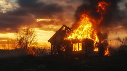 Close-up of a small house on fire, with intense flames and thick smoke visible against a sunset sky