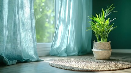 Wall Mural -   A potted plant perched atop a rug before a window with a blue curtain