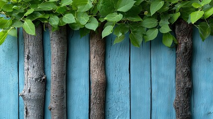 Wall Mural -  Blue fence in front of group of trees with green leaves